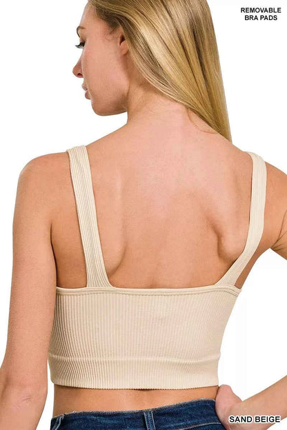 Zenana Seamless Ribbed Cropped Bra Padded V-Neck Tank Back View
