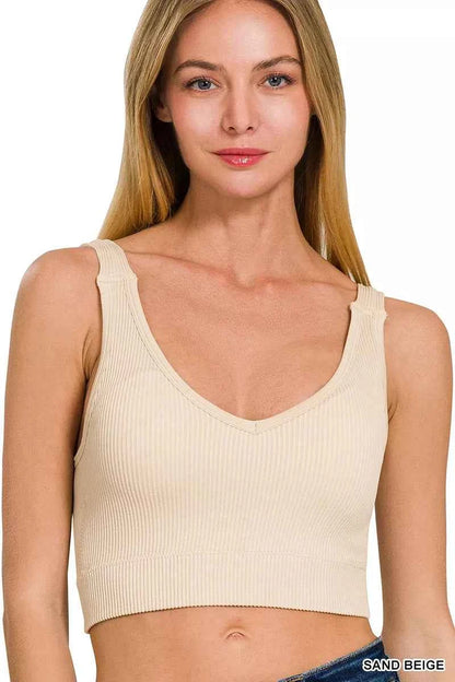 Zenana Seamless Ribbed Cropped Bra Padded V-Neck Tank Front View