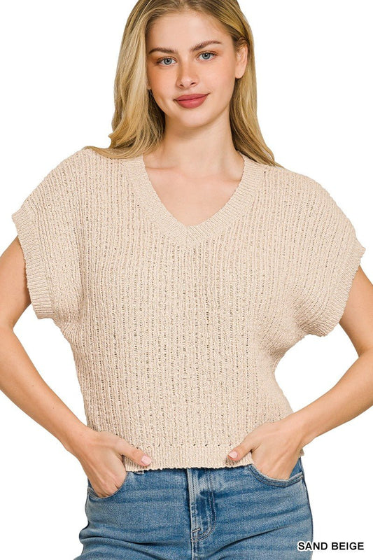 Sand Beige Textured Knit V-Neck Cropped Sweater by Zenana Front View