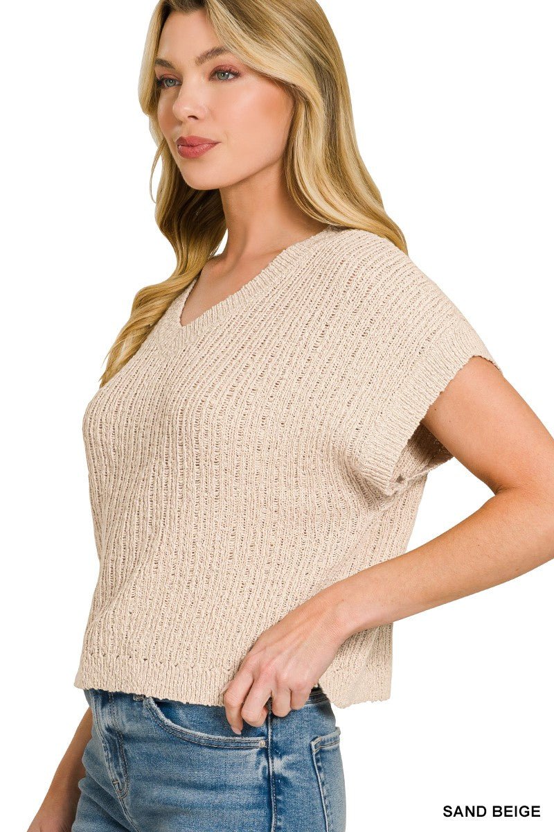 Sand Beige Textured Knit V-Neck Cropped Sweater by Zenana Side View
