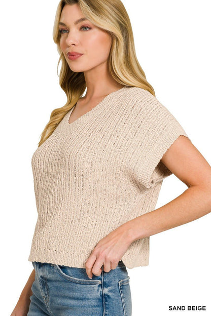 Sand Beige Textured Knit V-Neck Cropped Sweater by Zenana Side View