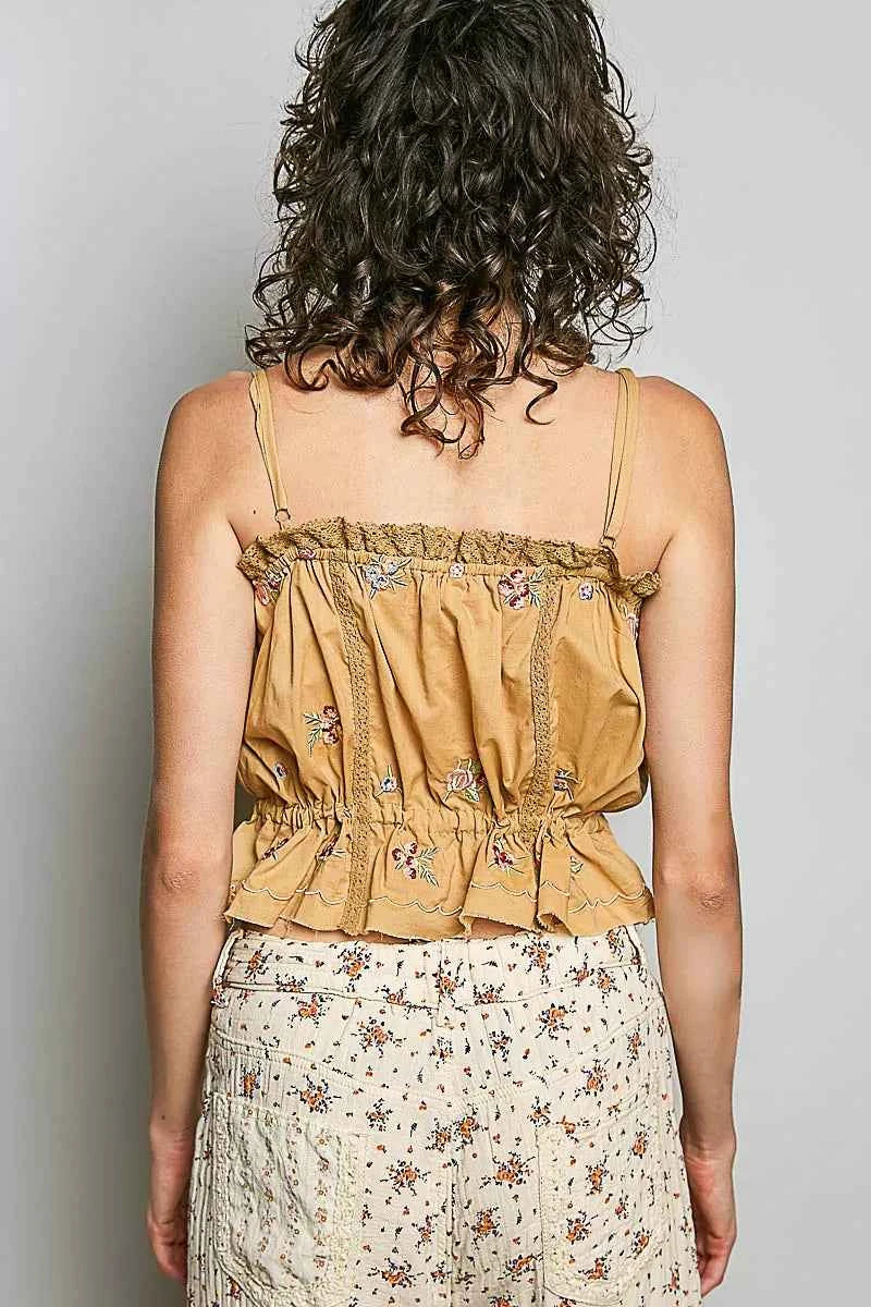 Sand Clay Button Down Floral Embroidered Cropped Cami with Lace Detail by POL