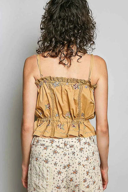 Sand Clay Button Down Floral Embroidered Cropped Cami with Lace Detail by POL