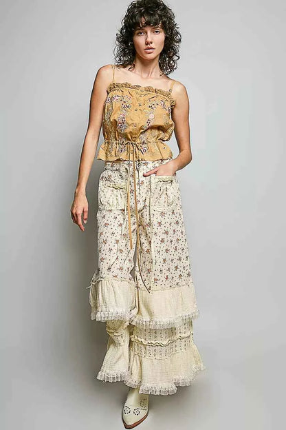 Sand Clay Button Down Floral Embroidered Cropped Cami with Lace Detail by POL