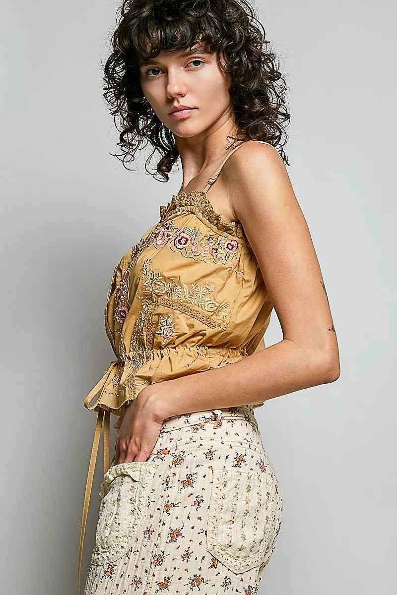 Sand Clay Button Down Floral Embroidered Cropped Cami with Lace Detail by POL