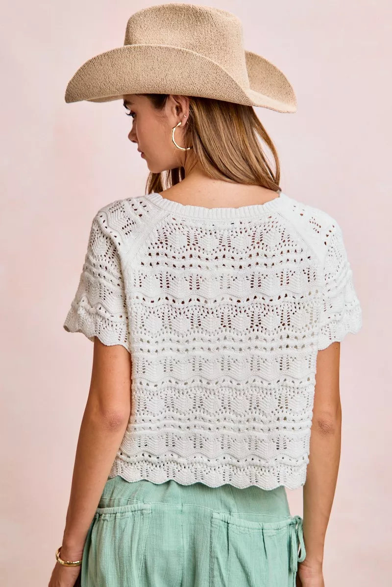 Shop the Ivory Pointelle Front Bow Tie Knit Top by BiBi. Lightweight pointelle knit with feminine bow details for effortless layering and everyday style. Back view