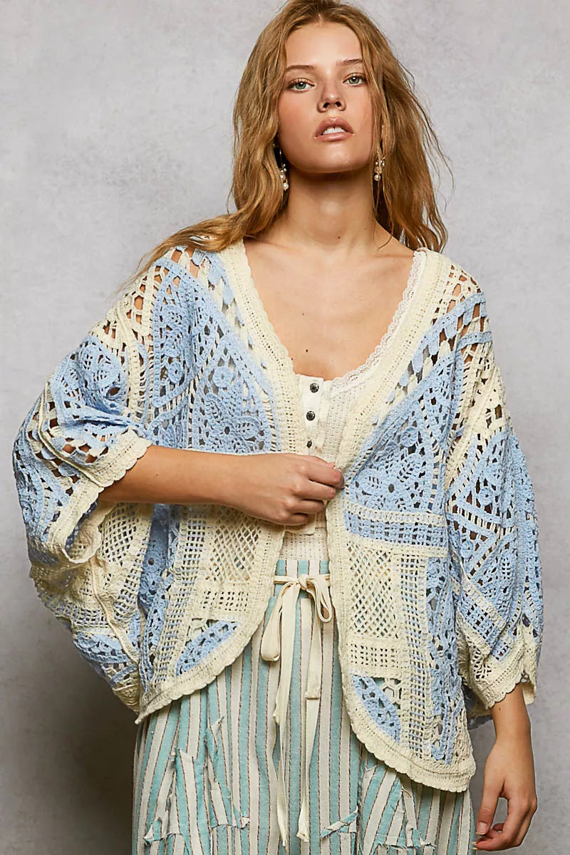 Sky Blue/Multi Open Front Crochet Cardigan with Scalloped Edge Front
