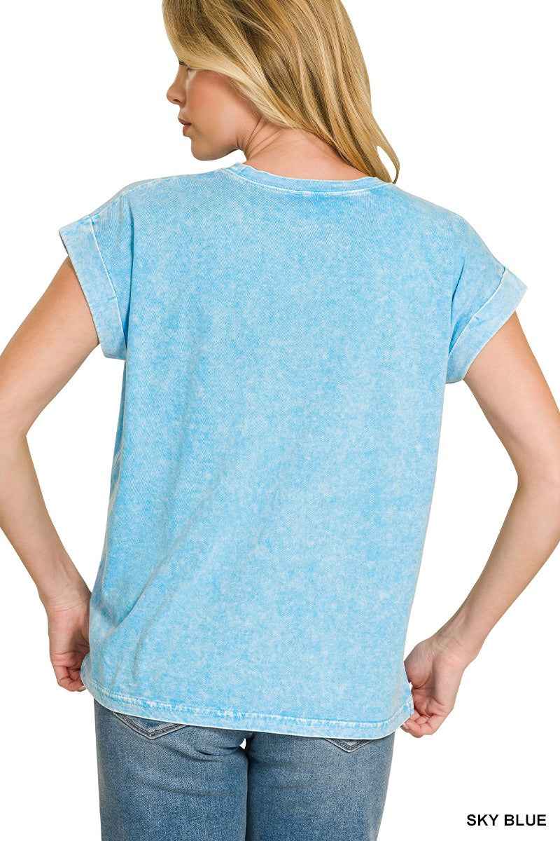 Sky Blue Snow Washed Cuffed Sleeve Tee by Zenana