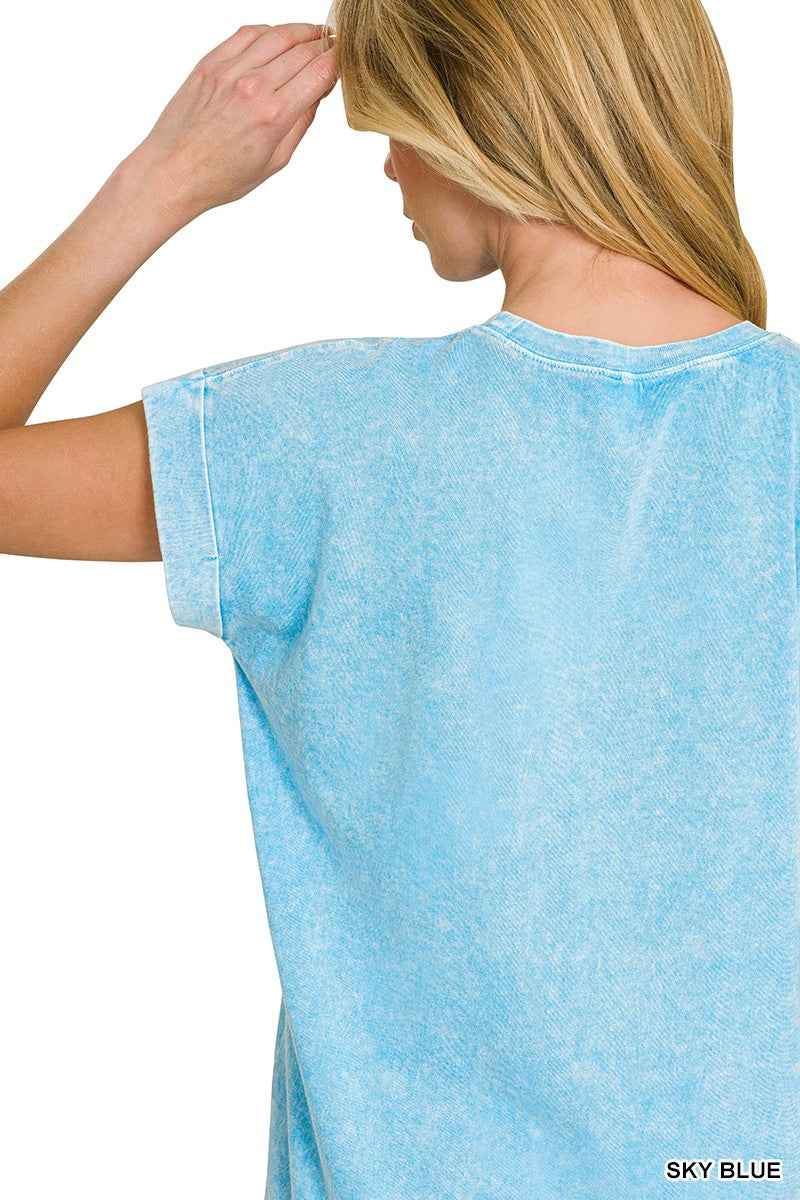 Sky Blue Snow Washed Cuffed Sleeve Tee by Zenana