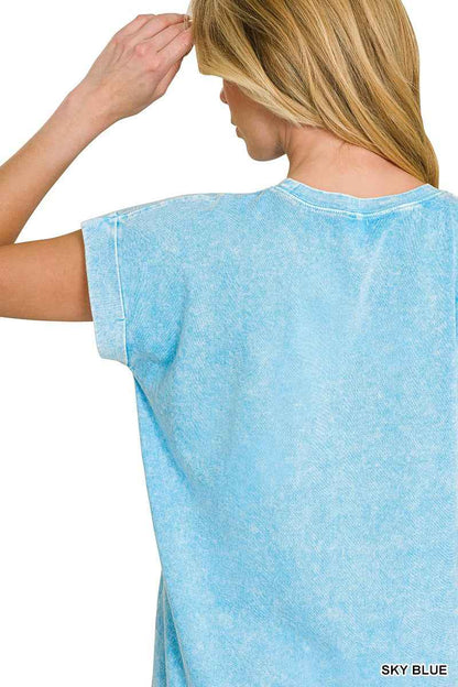 Sky Blue Snow Washed Cuffed Sleeve Tee by Zenana