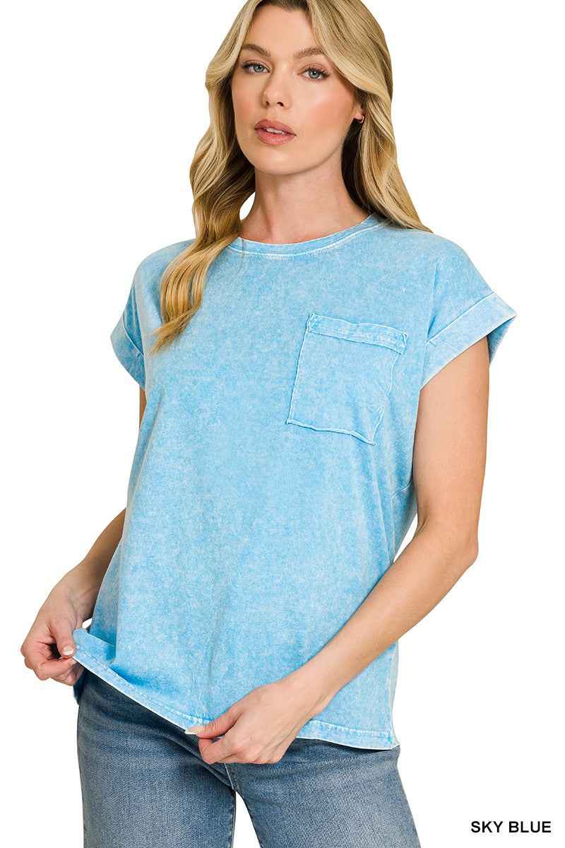 Sky Blue Snow Washed Cuffed Sleeve Tee by Zenana