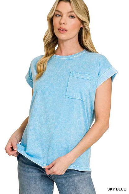 Sky Blue Snow Washed Cuffed Sleeve Tee by Zenana