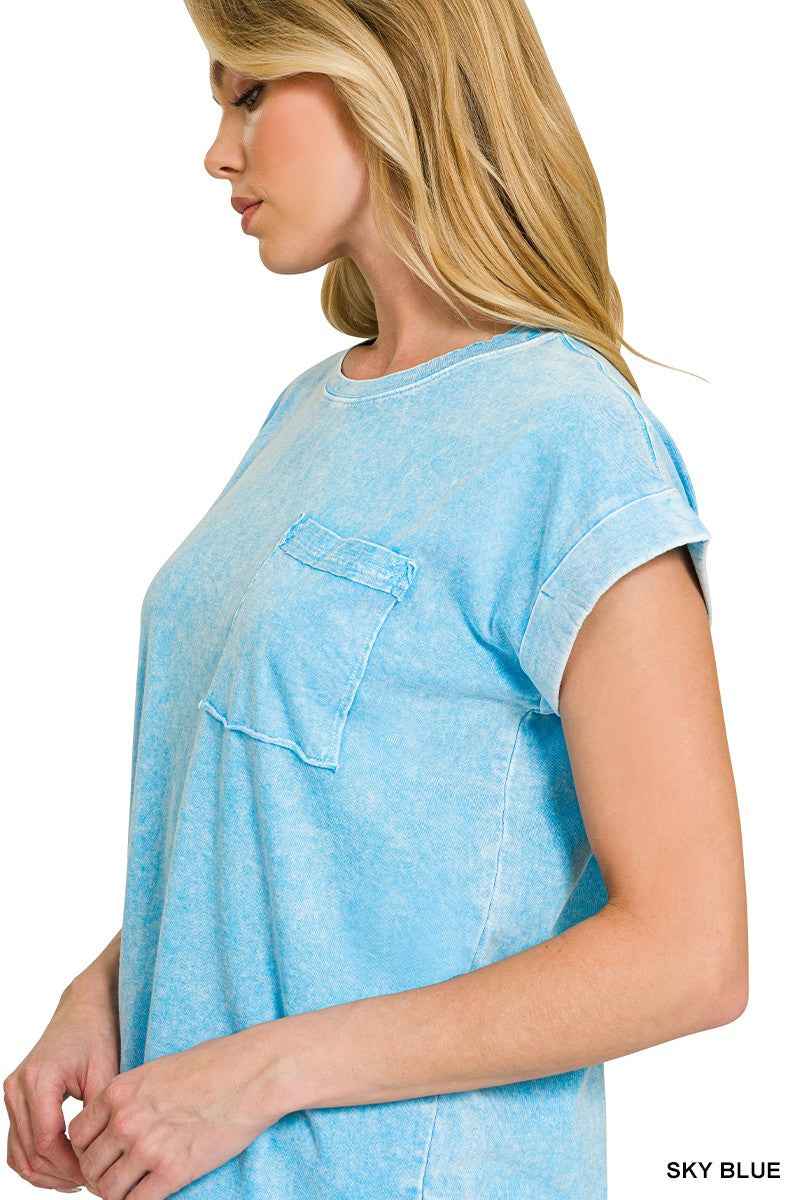 Sky Blue Snow Washed Cuffed Sleeve Tee by Zenana
