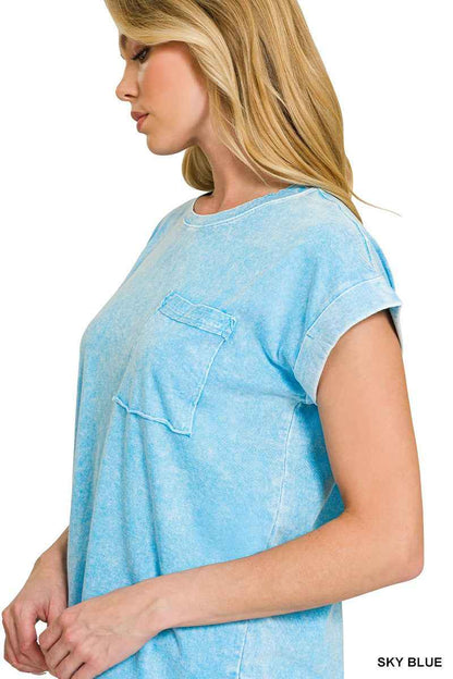 Sky Blue Snow Washed Cuffed Sleeve Tee by Zenana
