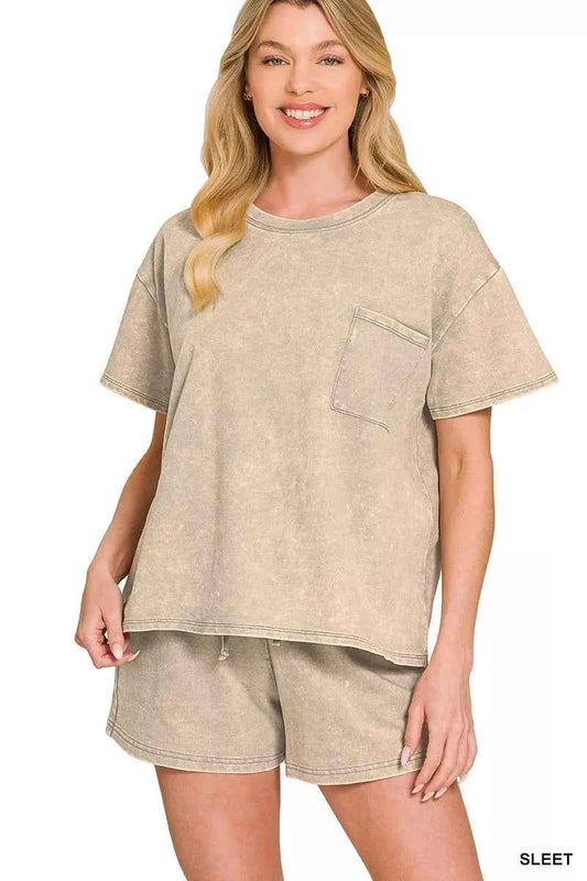 Sleet French Terry Acid Washed Relaxed Top & Short Set by Zenana