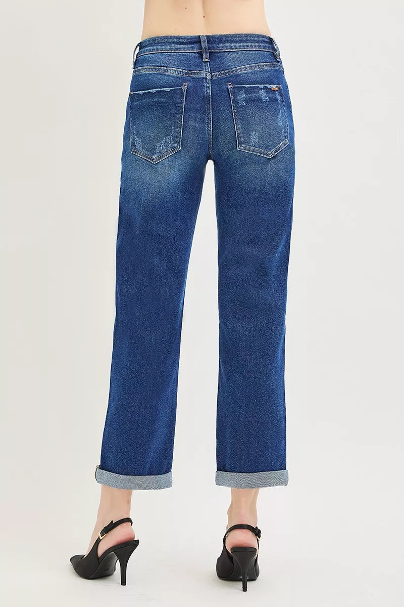 Slouchy Cropped Boyfriend Jeans with Cuffed Hem by Risen Back View