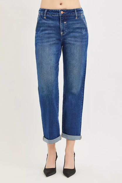 Slouchy Cropped Boyfriend Jeans with Cuffed Hem by Risen Front View