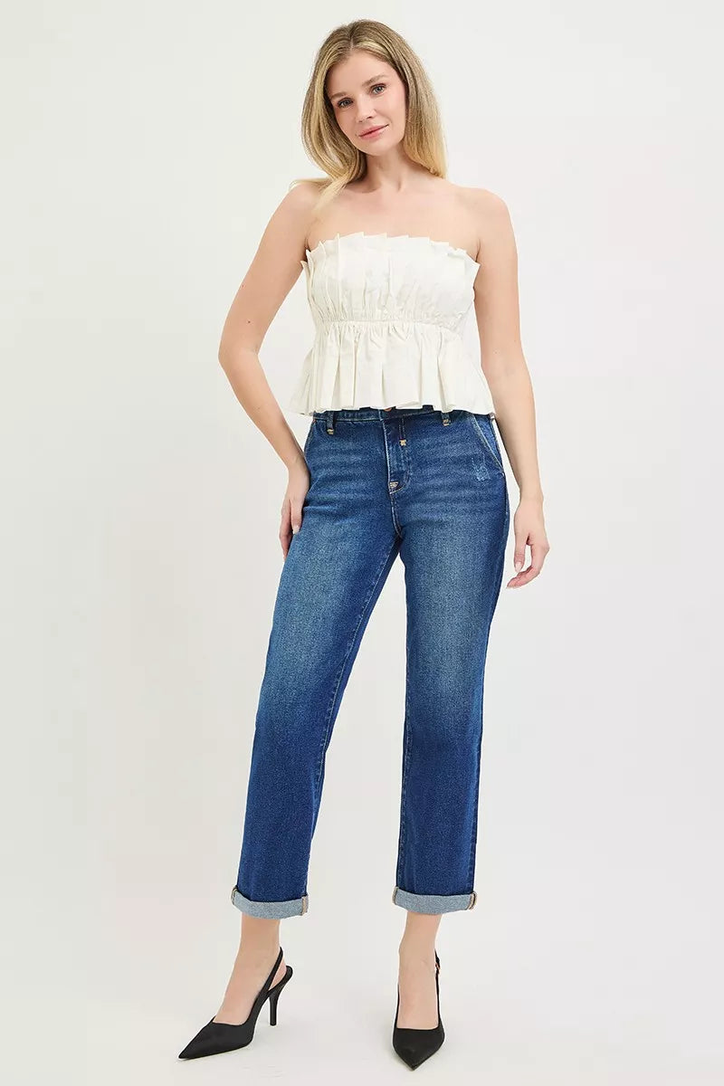 Slouchy Cropped Boyfriend Jeans with Cuffed Hem by Risen Full View