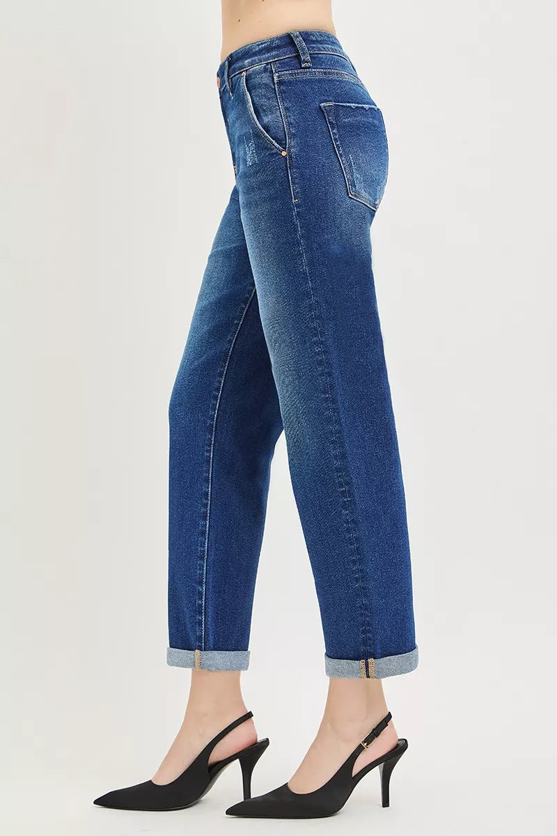 Slouchy Cropped Boyfriend Jeans with Cuffed Hem by Risen Side View