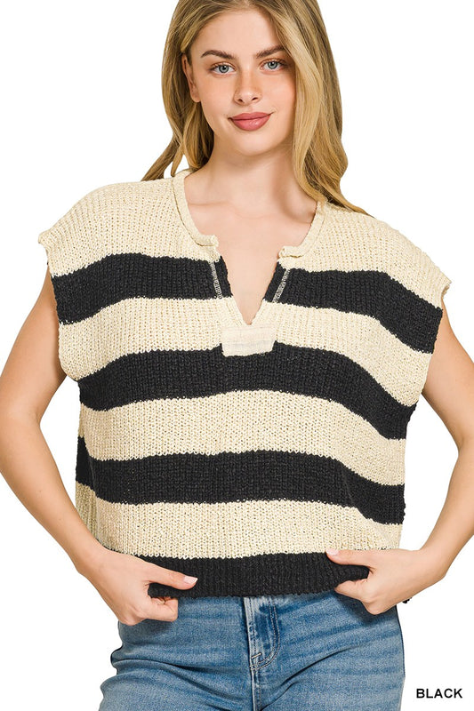 Split Neck Black Stripe Sleeveless Sweater by Zenana Front View