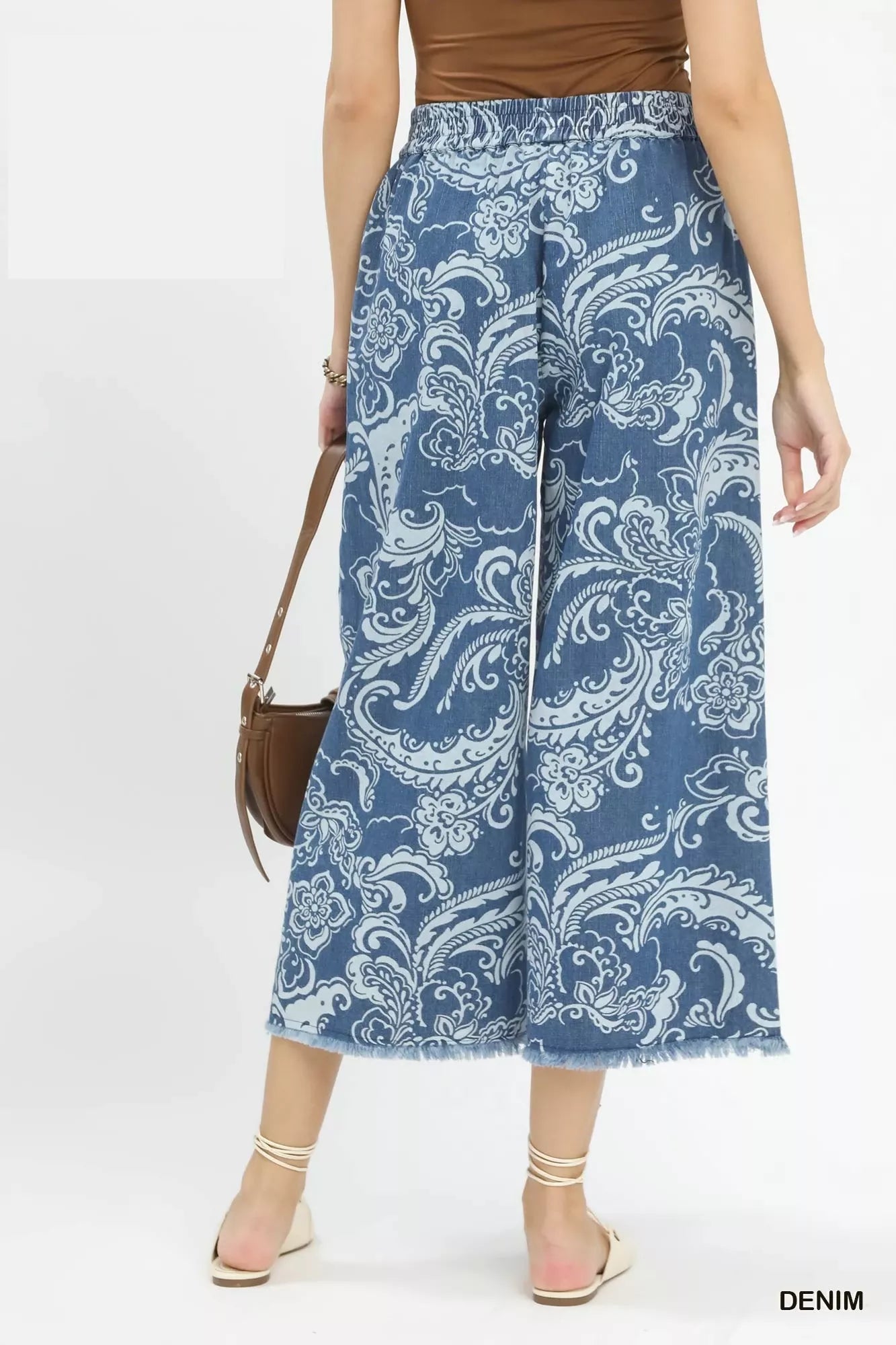 Stone Wash Floral Wide Leg Crop Pants with Pockets by Umgee Back View