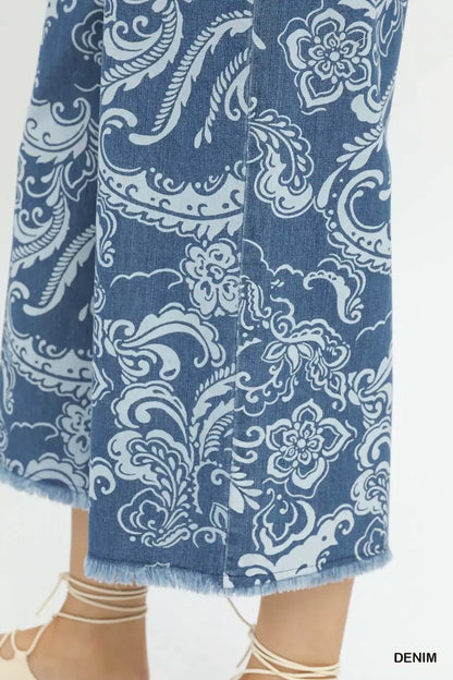 Stone Wash Floral Wide Leg Crop Pants with Pockets by Umgee Close View
