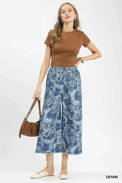 Stone Wash Floral Wide Leg Crop Pants with Pockets by Umgee