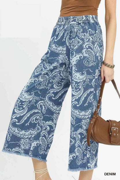 Stone Wash Floral Wide Leg Crop Pants with Pockets by Umgee