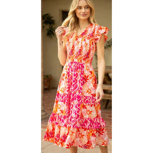 Voy Pink/Orange Floral Smocked Midi Dress With Ruffled Sleeves~SMALL
