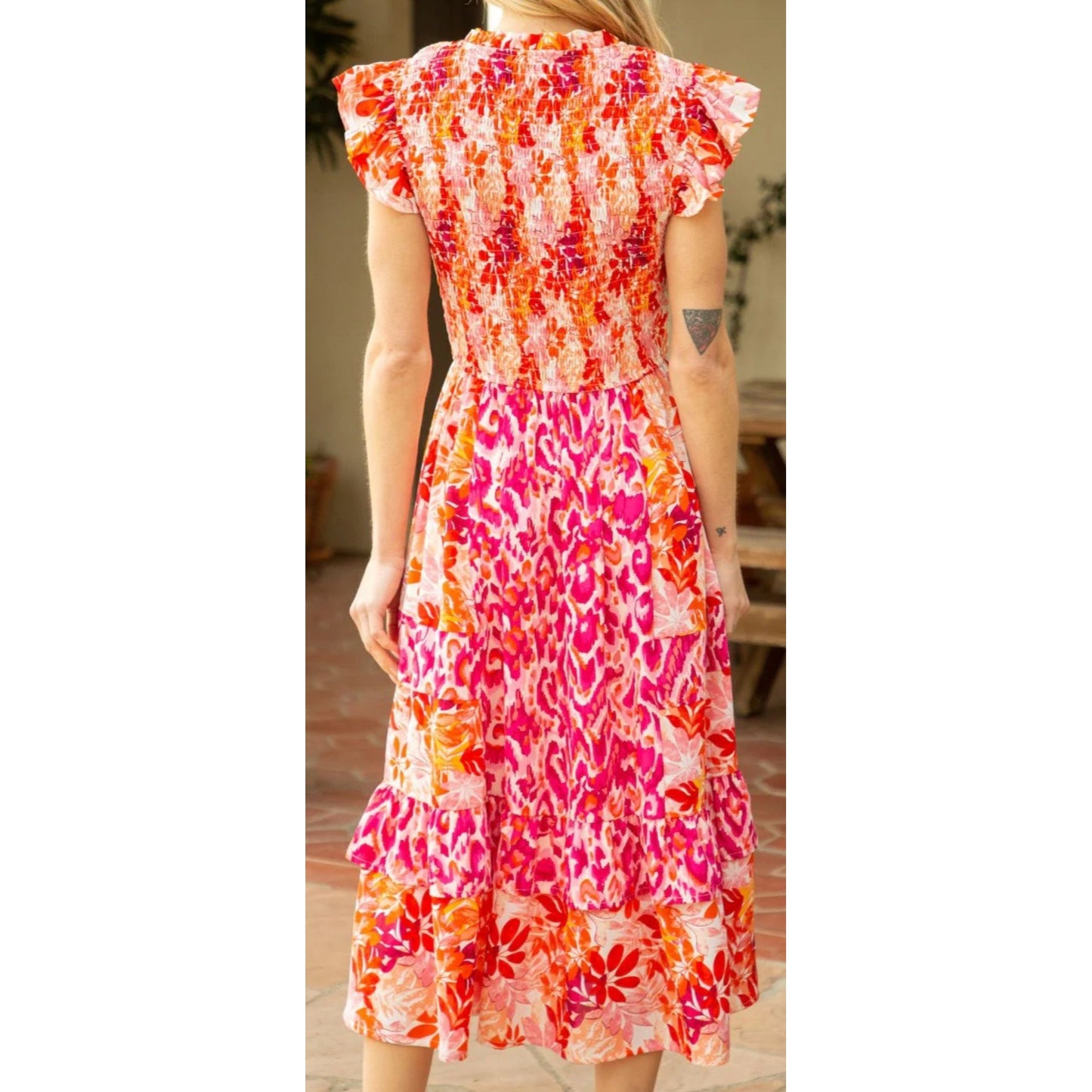 Voy Pink/Orange Floral Smocked Midi Dress With Ruffled Sleeves~SMALL