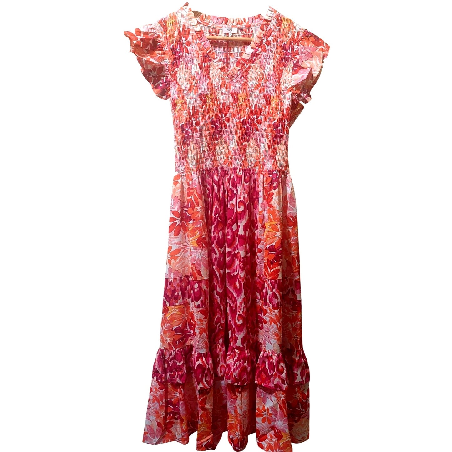 Voy Pink/Orange Floral Smocked Midi Dress With Ruffled Sleeves~SMALL