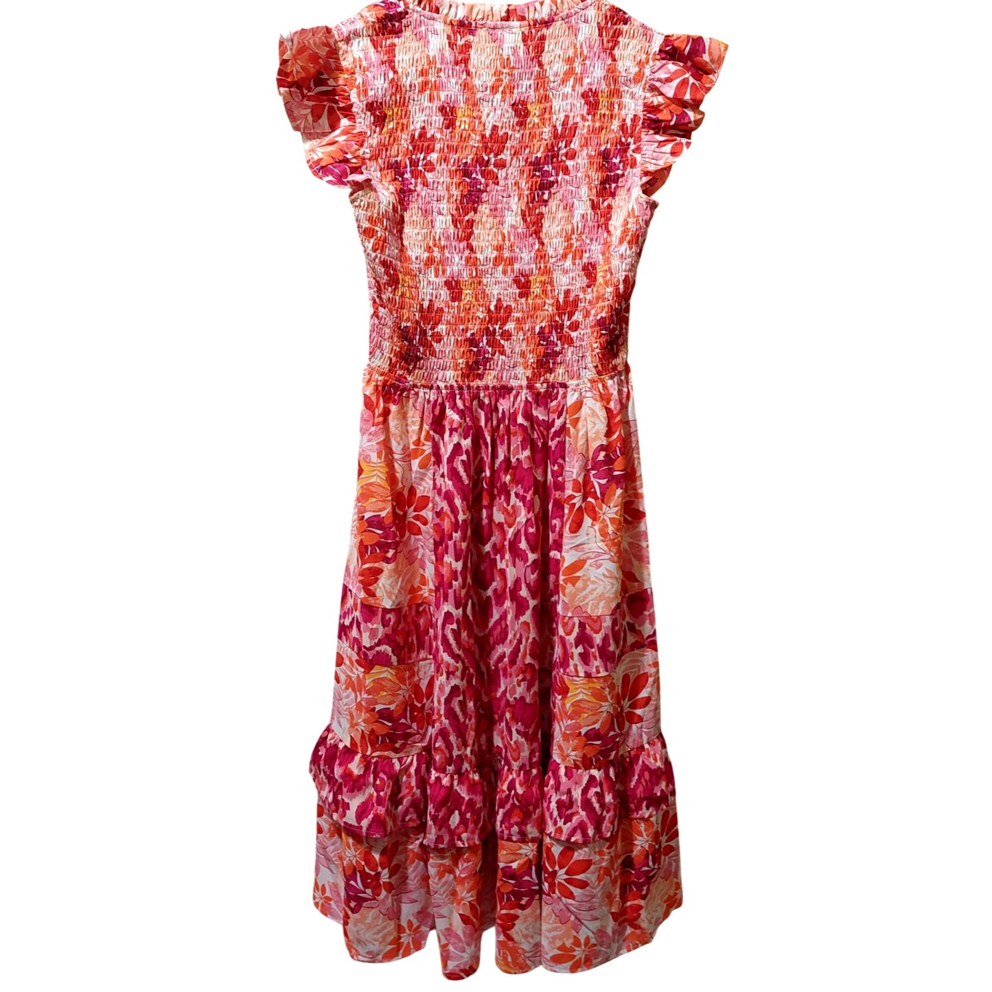 Voy Pink/Orange Floral Smocked Midi Dress With Ruffled Sleeves~SMALL