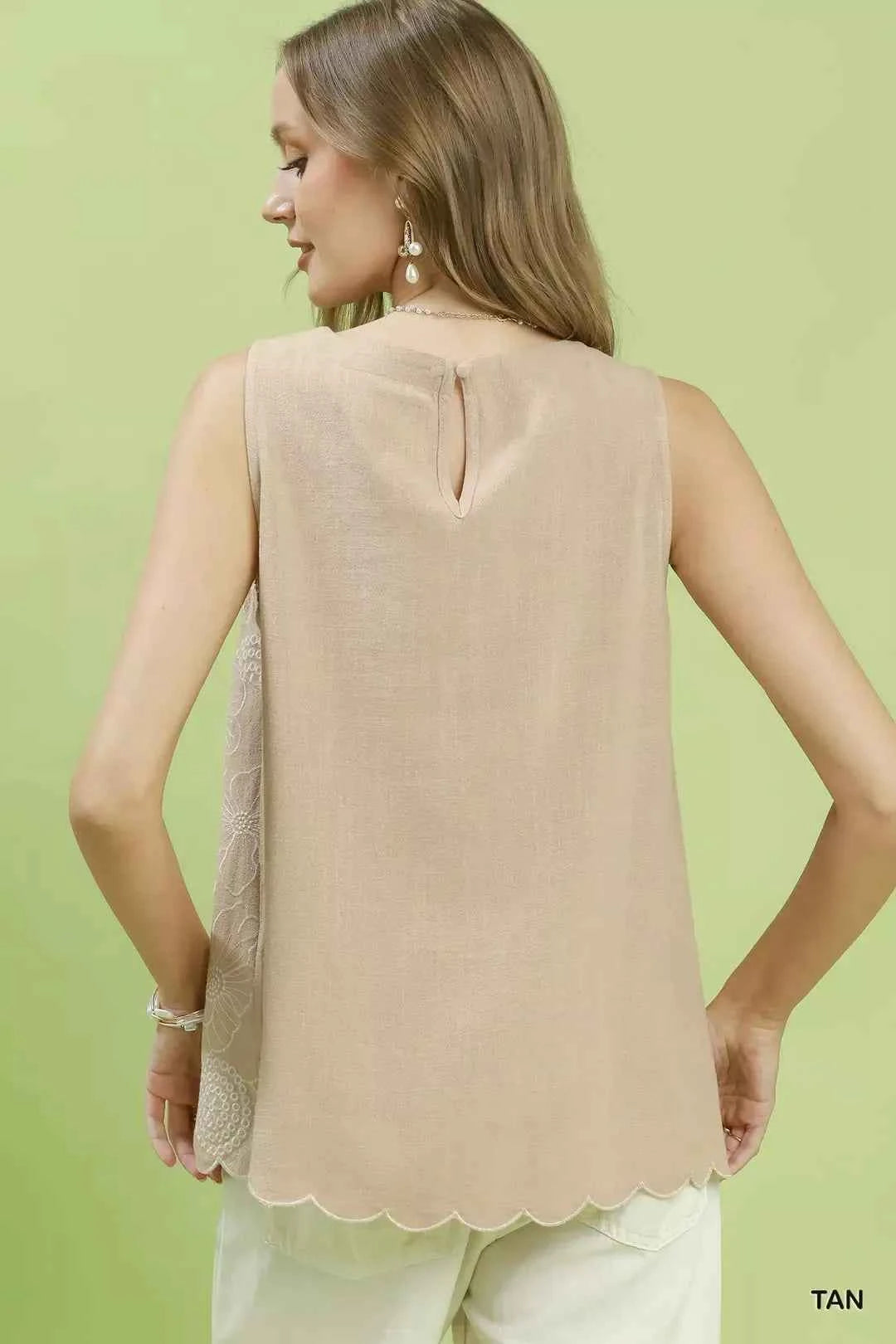 Tan Linen Floral Embroidered Sleeveless Top by Umgee