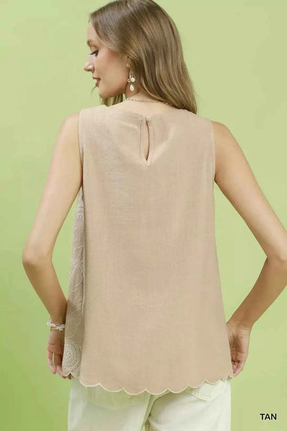 Tan Linen Floral Embroidered Sleeveless Top by Umgee