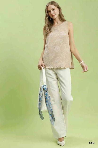 Tan Linen Floral Embroidered Sleeveless Top by Umgee