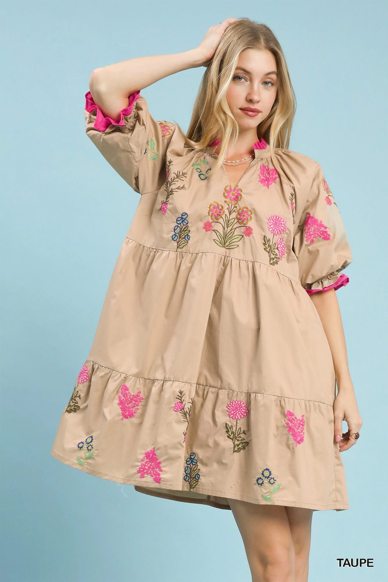 Taupe Embroidered Floral Tiered Dress by Umgee Front View