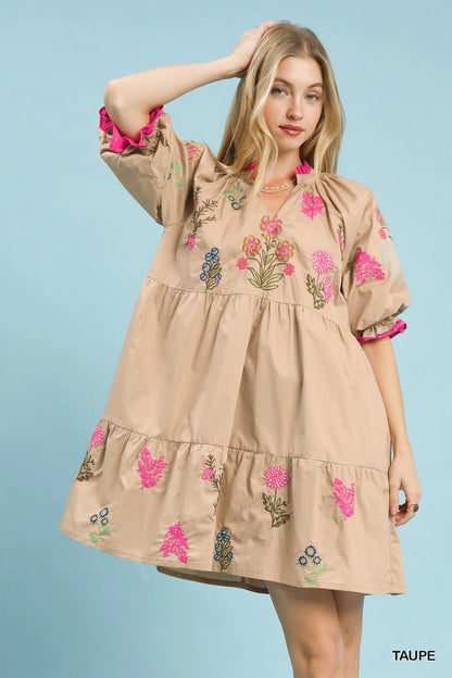 Taupe Embroidered Floral Tiered Dress by Umgee Front View