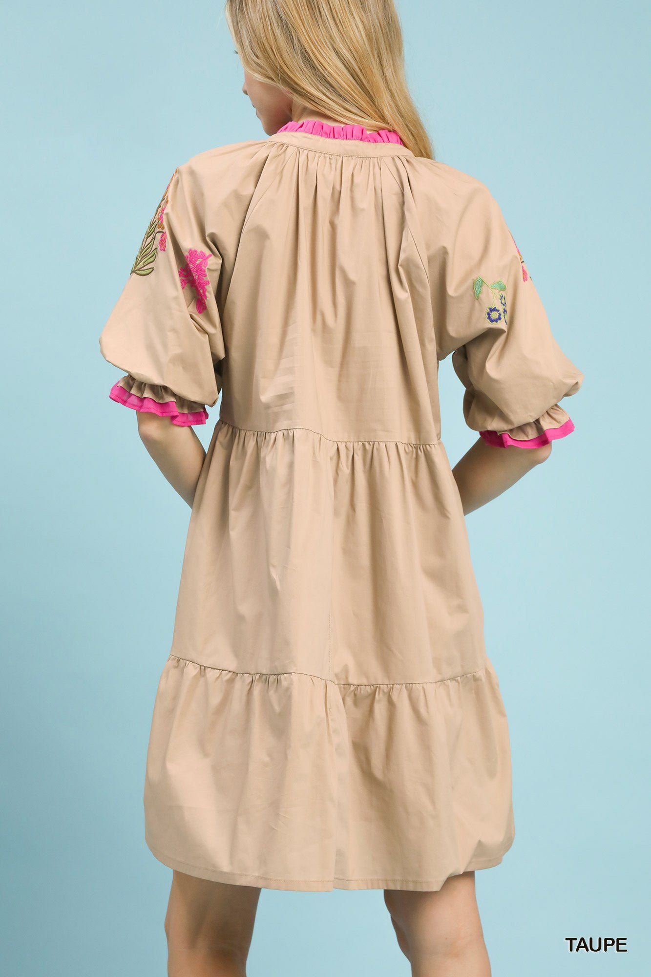 Taupe Embroidered Floral Tiered Dress by Umgee Back View