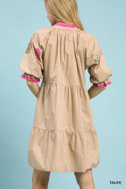 Taupe Embroidered Floral Tiered Dress by Umgee Back View