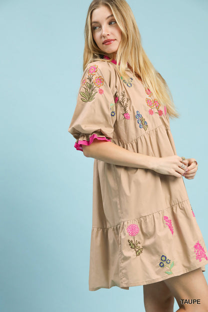 Taupe Embroidered Floral Tiered Dress by Umgee Side View
