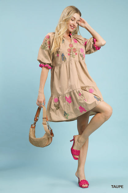 Taupe Embroidered Floral Tiered Dress by Umgee Full View
