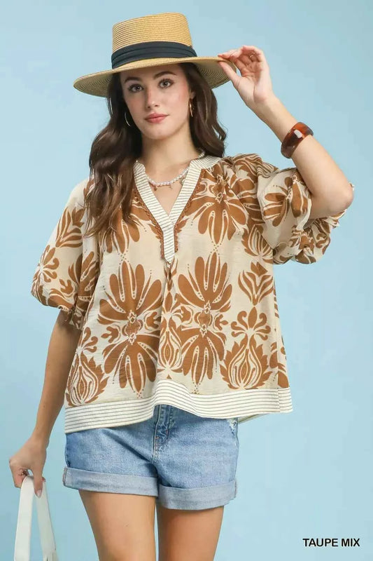 Taupe Mix Printed Puff Sleeve Top with Contrast Trim by Umgee Front View