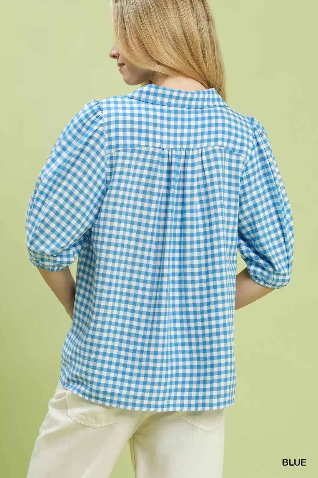 Umgee Blue Gingham Puff Sleeve Collared Blouse Back View