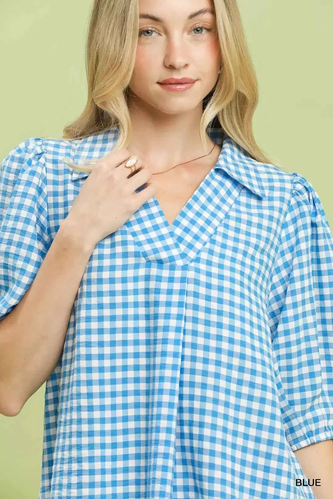 Umgee Blue Gingham Puff Sleeve Collared Blouse Close View