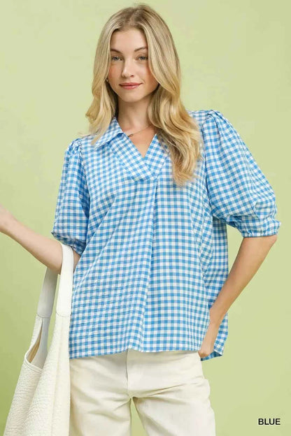 Umgee Blue Gingham Puff Sleeve Collared Blouse Front view