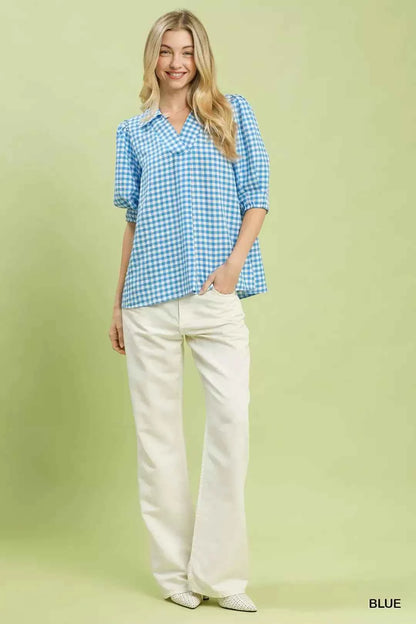 Umgee Blue Gingham Puff Sleeve Collared Blouse Full View