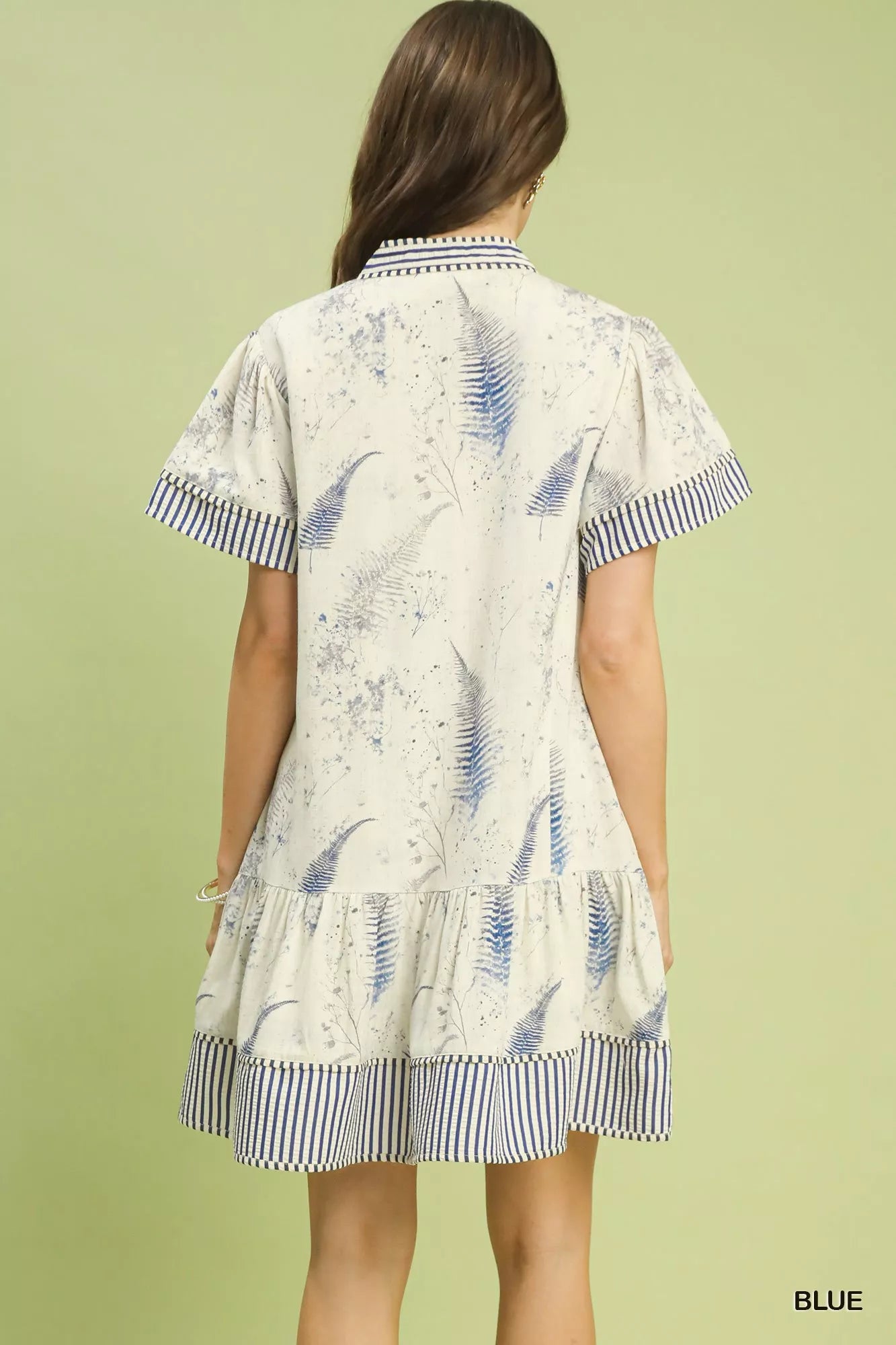 Umgee Blue Linen Printed Button-Front Tiered Mini Dress Back View
