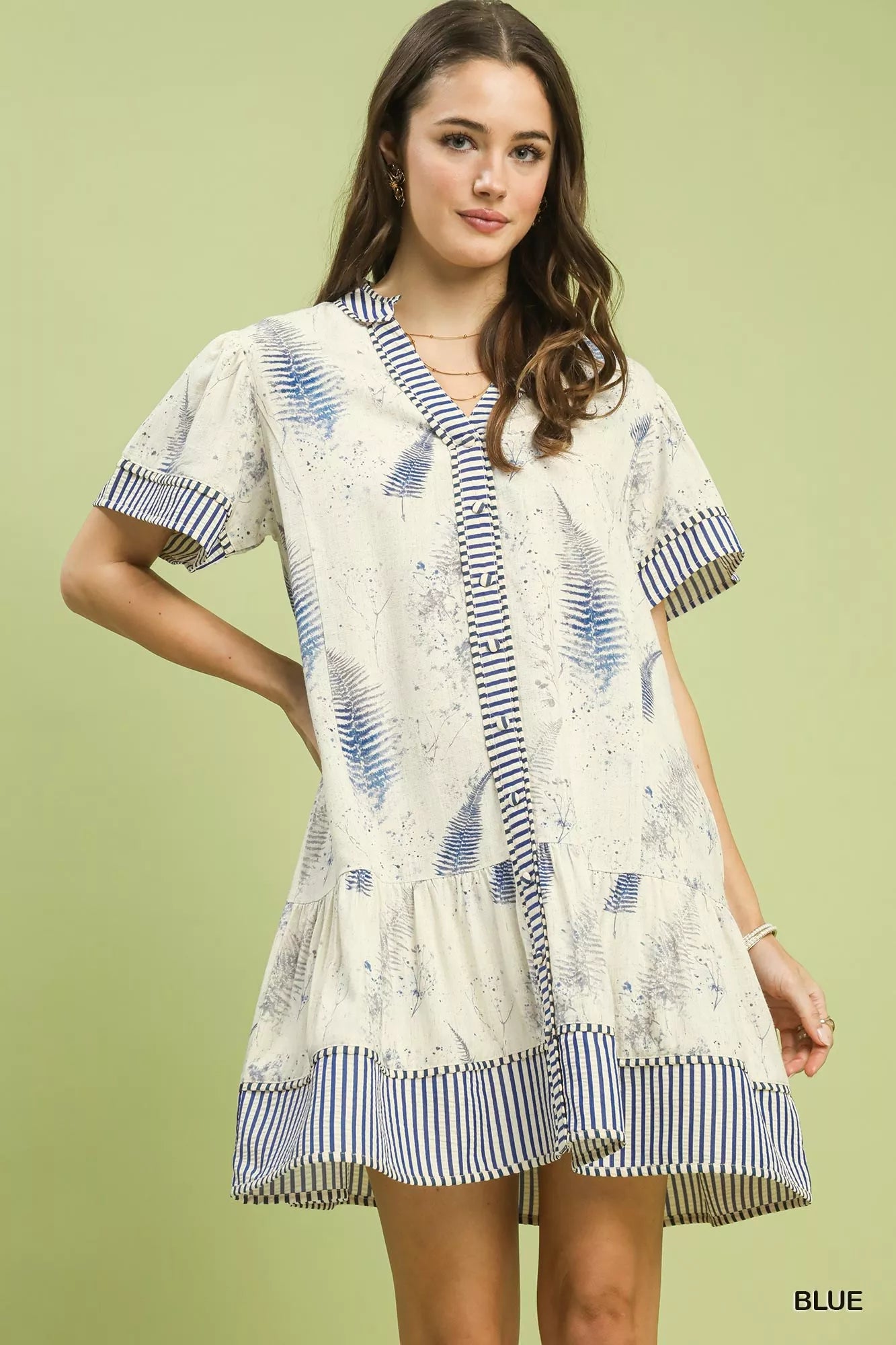 Umgee Blue Linen Printed Button-Front Tiered Mini Dress Front View