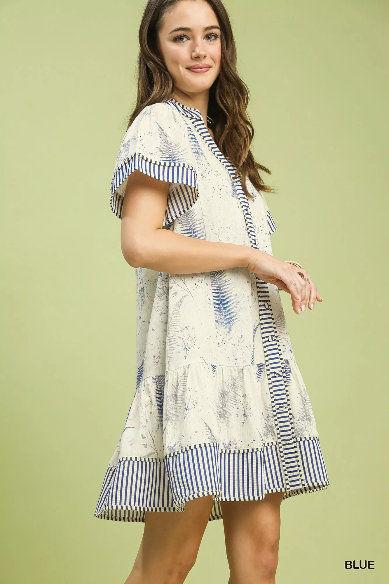 Umgee Blue Linen Printed Button-Front Tiered Mini Dress Side View