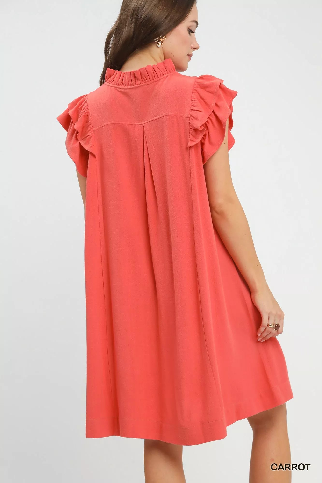 Umgee Carrot Orange Linen Flutter Sleeve Shift Dress with Pockets Back View
